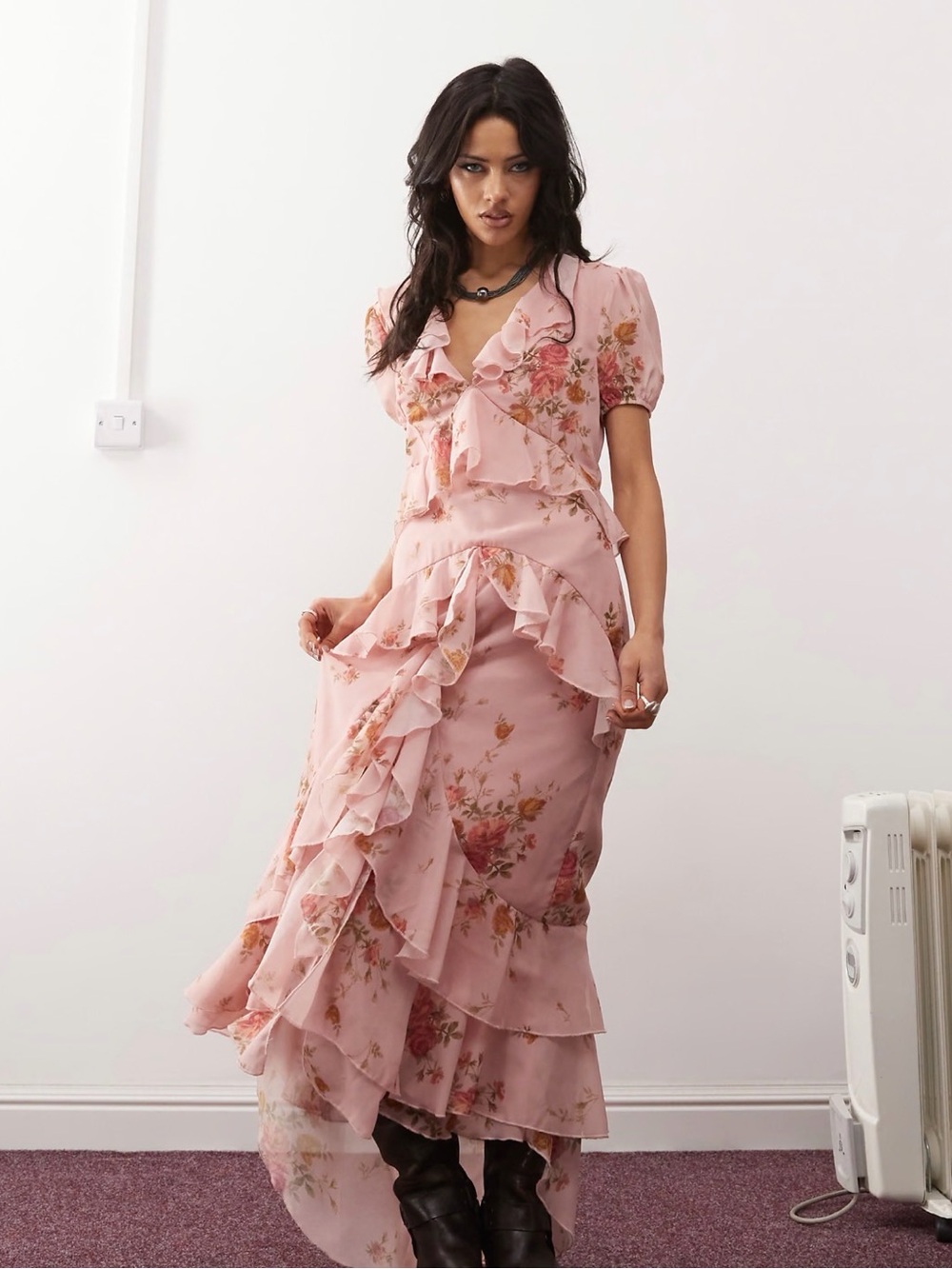 ASOS Reclaimed Vintage boho flounce maxi tea dress (Pink Floral Ruffle Maxi)